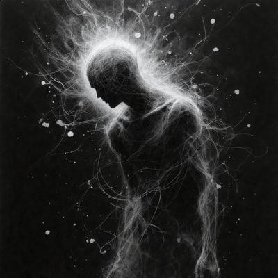 The primary subject of the image is a person, possibly a man, with a thoughtful expression on their face. The person is standing in a dark, possibly black and white, setting. The visual style of the image is a combination of a photo and digital art, creating a unique and intriguing atmosphere. The colors and mood of the image are predominantly dark, with a sense of mystery and introspection.
